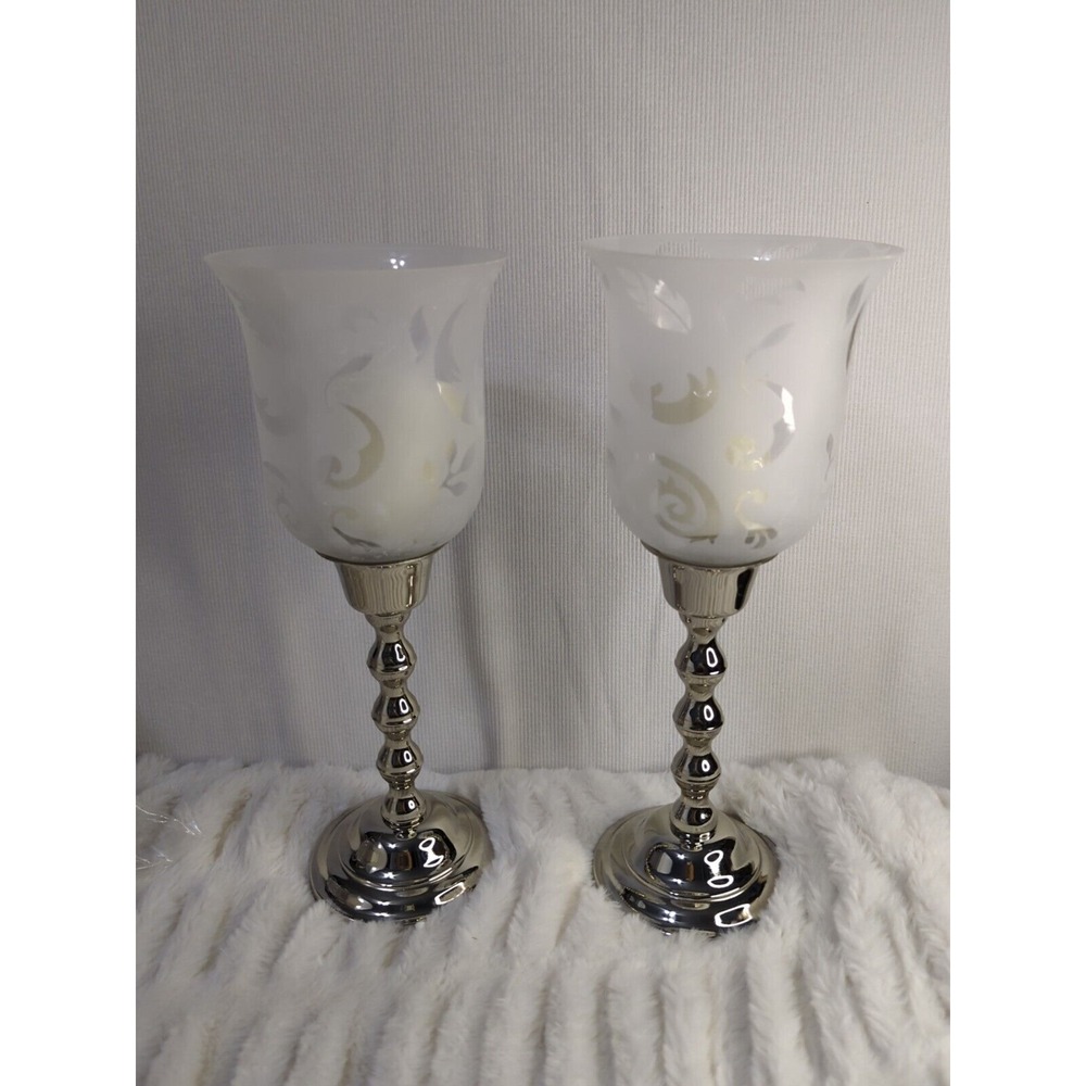 Set of (2) Gorgeous‎ BELK GLASS & METAL CANDLE HOLDERS ~ LAMPS 12.25" TALL ~ NEW - Picture 2 of 8